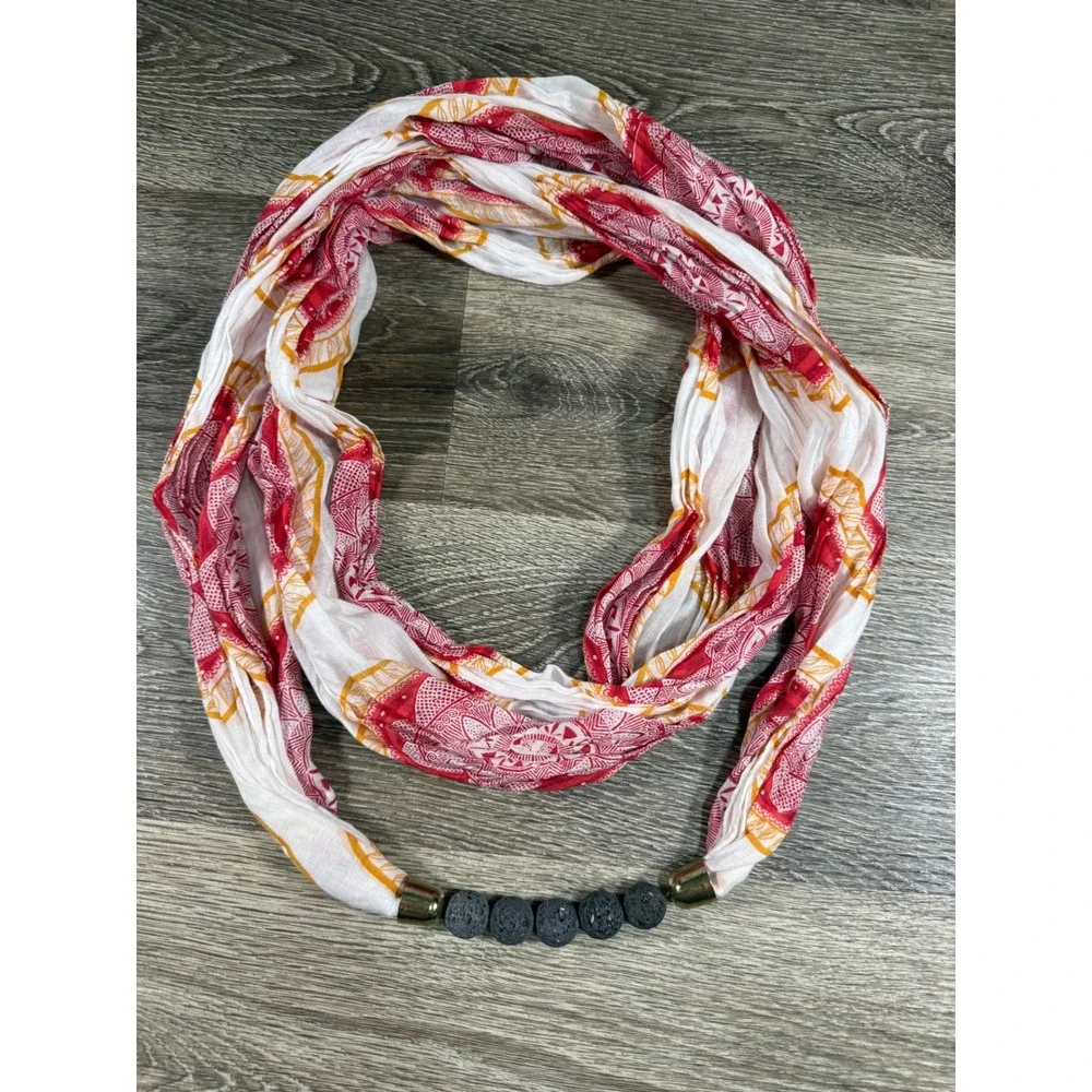 Womens Mandala‎ Print Infinity Scarf Red Orange with Lava Rock Beads Boho Wrap